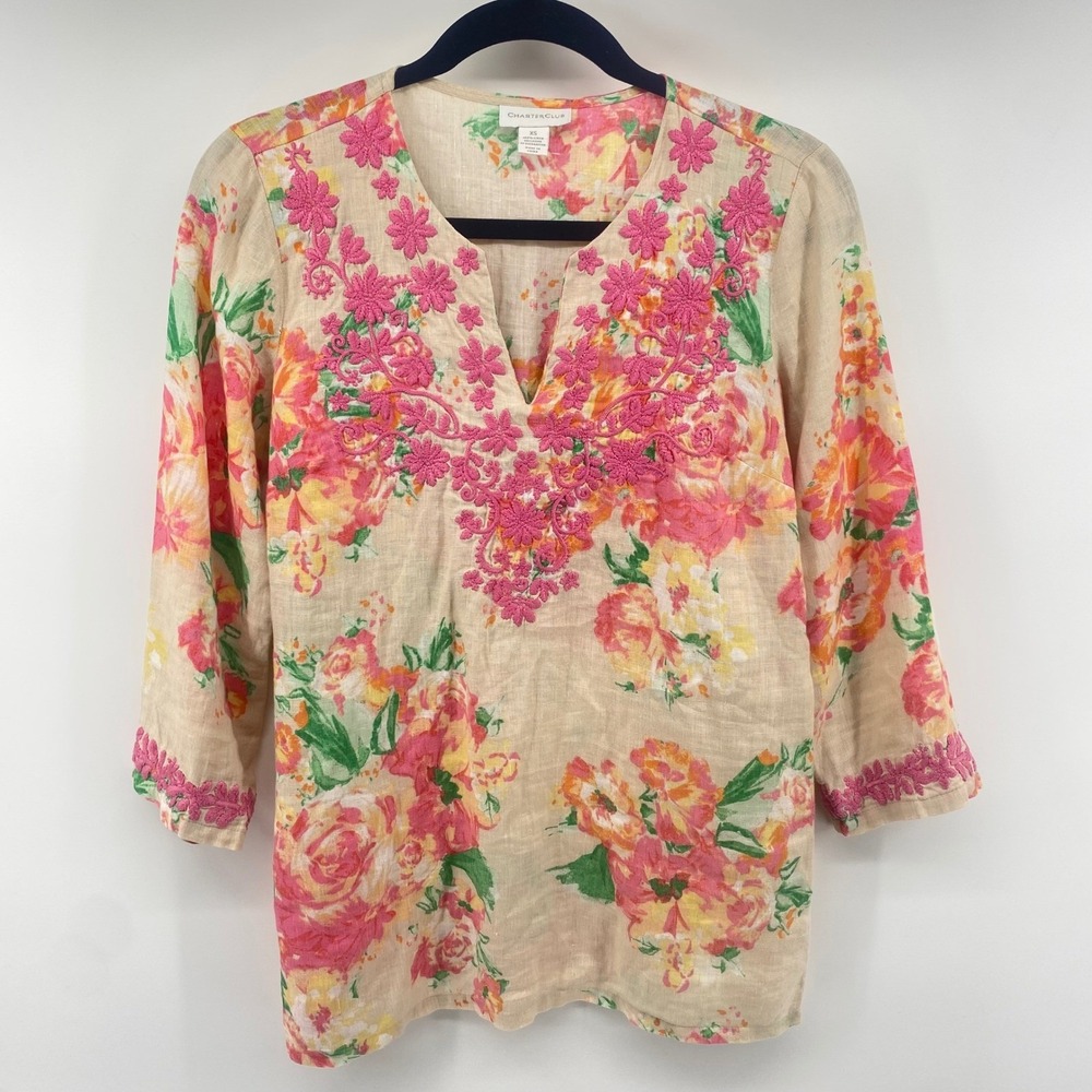 Charter‎ Club Linen Tunic Women XS Beige Pink Floral Embroidered V-Neck Top Boho